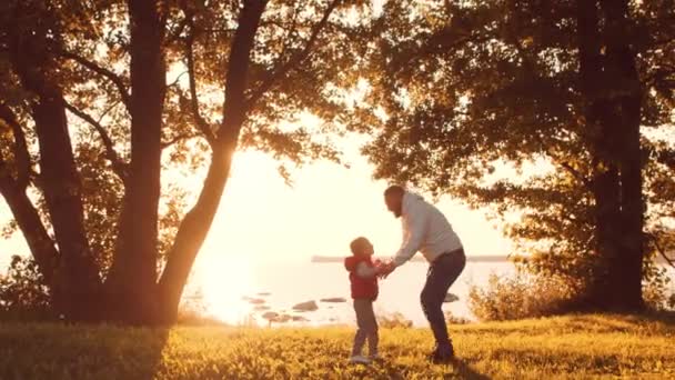 Liefdevolle familie wandelingen op het platteland tijdens zonsondergang. Papa speelt met zijn zoon. Het concept van liefde, ouderlijke zorg en kinderen. — Stockvideo
