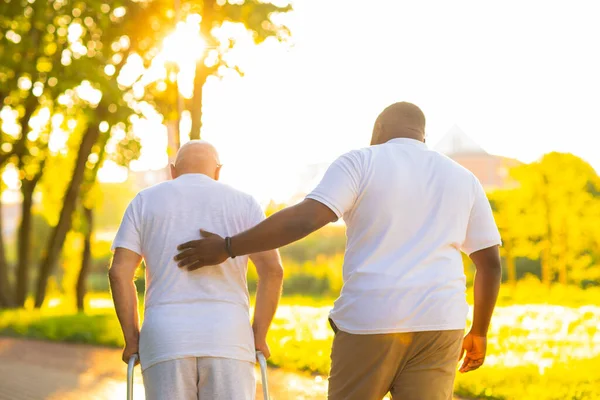 Caregiver leert oude man lopen met Walker. Professionele verpleegkundige en patiënt wandelen buiten bij zonsondergang. Bijstand, rehabilitatie en gezondheidszorg. — Stockfoto