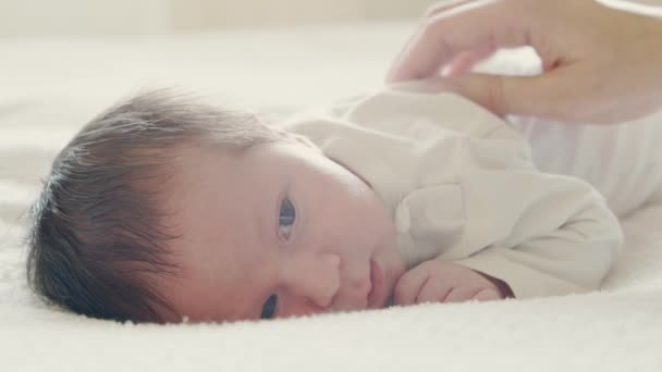 Close-up portrait of a young baby who has recently been born. Newborn infant boy at home. Window light. — Stock Video