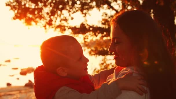 Αγαπημένη οικογένεια βόλτες στην ύπαιθρο κατά τη διάρκεια του ηλιοβασιλέματος. Η μητέρα παίζει με το γιο της. Η έννοια της αγάπης, της γονικής φροντίδας και των παιδιών. — Αρχείο Βίντεο