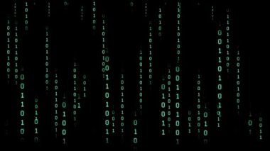 Karanlık bir arkaplanda ikili kod. Bir bilgisayar programının parçacıklarından soyut canlandırılmış arkaplan. Hacker saldırıları ve siber güvenlik kavramı.