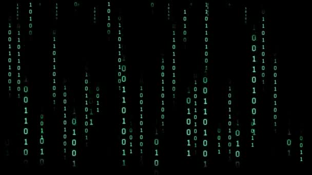 暗い背景のバイナリコード。コンピュータプログラムの粒子からアニメーション化された背景。ハッカーの攻撃とサイバーセキュリティの概念. — ストック動画