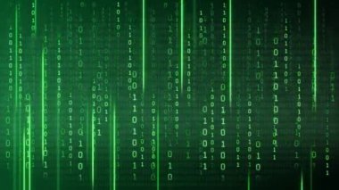 Karanlık bir arkaplanda ikili kod. Bir bilgisayar programının parçacıklarından soyut canlandırılmış arkaplan. Hacker saldırıları ve siber güvenlik kavramı.