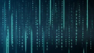 Karanlık bir arkaplanda ikili kod. Bir bilgisayar programının parçacıklarından soyut canlandırılmış arkaplan. Hacker saldırıları ve siber güvenlik kavramı.