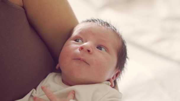 Nyfödd pojke och hans mamma hemma. Närbild porträtt av barnet som nyligen har fötts. Fönsterljus. — Stockvideo