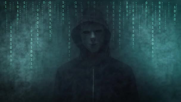 パーカーのコンピュータハッカーの肖像画。暗い顔をしている。データ泥棒、インターネット詐欺、ダークネットとサイバーセキュリティ. — ストック動画
