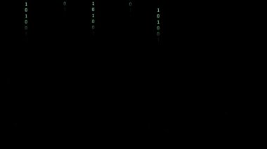 Karanlık bir arkaplanda ikili kod. Bir bilgisayar programının parçacıklarından soyut canlandırılmış arkaplan. Hacker saldırıları ve siber güvenlik kavramı.