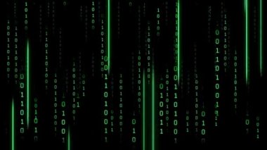 Karanlık bir arkaplanda ikili kod. Bir bilgisayar programının parçacıklarından soyut canlandırılmış arkaplan. Hacker saldırıları ve siber güvenlik kavramı.