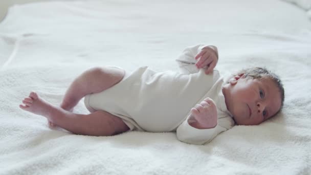 Close-up portrait of a young baby who has recently been born. Newborn infant boy at home. Window light. — Stock Video