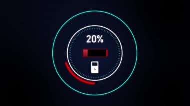 Fütürist elektrikli araba için pil göstergesi. İstasyonda elektrikle şarj oluyor. Geleceğin ulaşım konsepti.