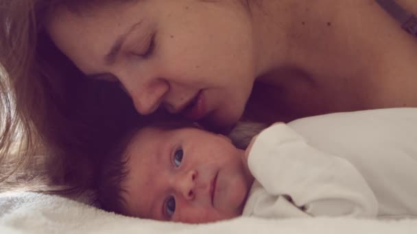 Newborn baby boy and his mother at home. Close-up portrait of the infant who has recently been born. Window light. — Stock Video