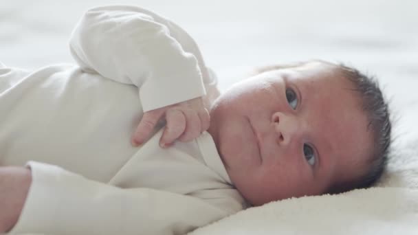 Κοντινό πορτραίτο ενός νεαρού μωρού που γεννήθηκε πρόσφατα. Νεογνό στο σπίτι. Φωτισμός παραθύρου. — Αρχείο Βίντεο