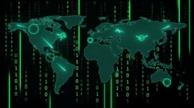 Dünya gezegeninin dijital hologramı ikili kod arka planında. Teknoloji, küreselleşme, iş ve internet kavramı.