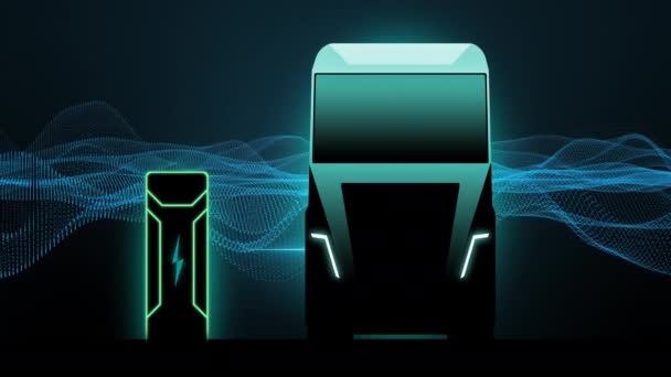 Silhouet van de futuristische elektrische vrachtwagenlading op de centrale. Accu-indicator geeft het energieniveau weer. Vervoer concept van de toekomst. — Stockvideo