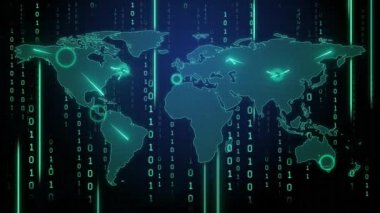 Dünya gezegeninin dijital hologramı, siyan ikili kod arkaplanı üzerinde. Teknoloji, küreselleşme, iş ve internet kavramı.