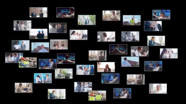 Multiscreen business collage gjort av många olika bilder med affärsmän som arbetar på kontor eller utomhus. Teknik, investeringar och teamwork. — Stockvideo