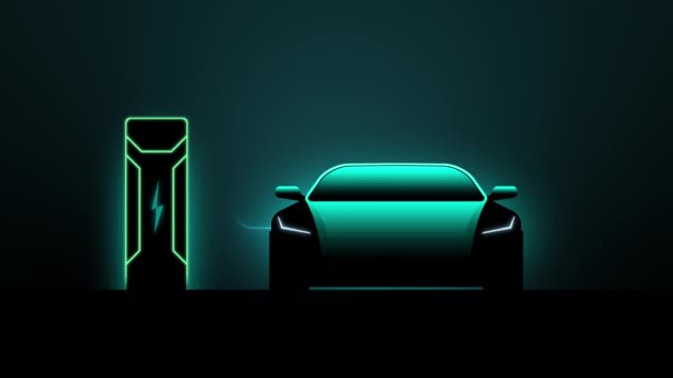 Silhuett av futuristiska elbil laddning på kraftverk. Batteriindikatordisplay som visar energinivå. Framtidens transportkoncept. — Stockvideo