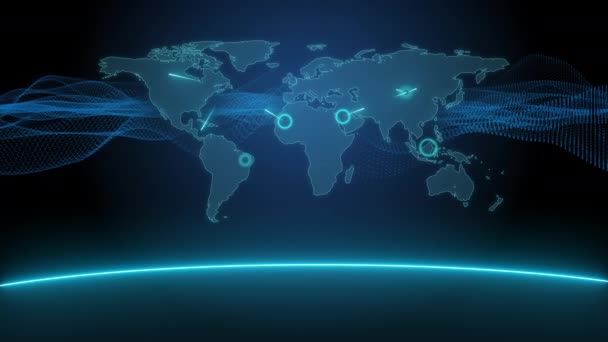 Digitaal hologram van de planeet Aarde met draadloze intercontinentale radio of satellietsignalen. Technologie, internet, bedrijfsleven en informatie. — Stockvideo