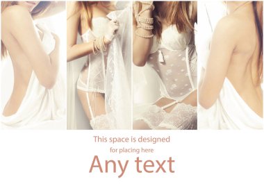 Gelinlik koleksiyonu. Genç, güzel ve seksi kızlar beyaz iç çamaşırlarıyla poz veriyorlar..
