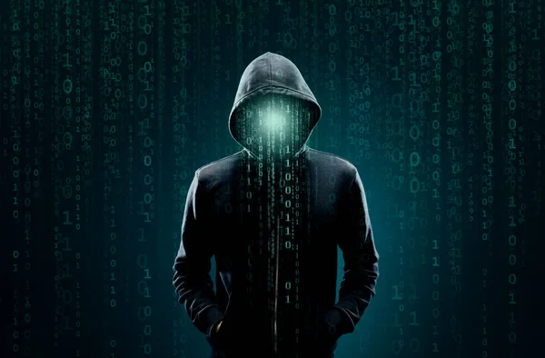 Computer hacker in hoodie. Het oog wordt onttrokken donkere gezicht. Gegevens dief, internet-fraude, darknet en cyber veiligheidsconcept. — Stockfoto