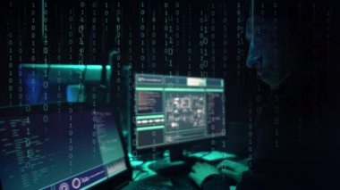 İnternet dolandırıcılığı, darknet, veri hırsızlığı, siber suç konsepti. Hükümet sunucusuna hackerlar saldırdı. Tehlikeli suçlular virüs programları kodluyor.