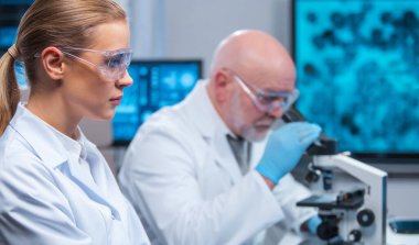 Profesör ve doktor ekipman ve bilgisayar teknolojilerini kullanarak modern bir bilim laboratuarında çalışıyorlar. Bir grup bilim adamı araştırma yapıyor ve yeni aşılar geliştiriyor. Bilim ve sağlık konsepti.