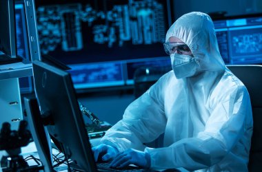 Bilim adamı mikro elektronik ve işlemcilerin araştırılması ve geliştirilmesi için modern bir bilim laboratuvarında çalışıyor. Mikroişlemci imalat işçisi bilgisayar teknolojisi ve ekipmanı kullanıyor.