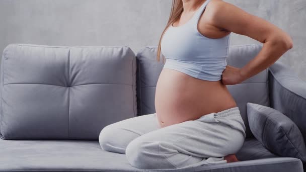 Η νεαρή έγκυος υποφέρει από πόνο στην πλάτη. Η έννοια της εγκυμοσύνης, της μητρότητας, της υγείας και του τρόπου ζωής. — Αρχείο Βίντεο
