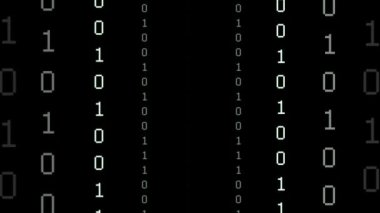 Karanlık bir arkaplanda ikili kod. Bir bilgisayar programının parçacıklarından soyut canlandırılmış arkaplan. Hacker saldırıları ve siber güvenlik .