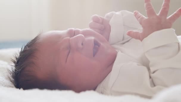 Close-up portret van een pasgeboren baby. Pasgeboren baby jongen thuis. Raamlicht. — Stockvideo