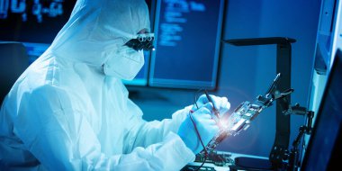 Bilim adamı mikro elektronik ve işlemcilerin araştırılması ve geliştirilmesi için modern bir bilim laboratuvarında çalışıyor. Mikroişlemci imalat işçisi bilgisayar teknolojisi ve ekipmanı kullanıyor.