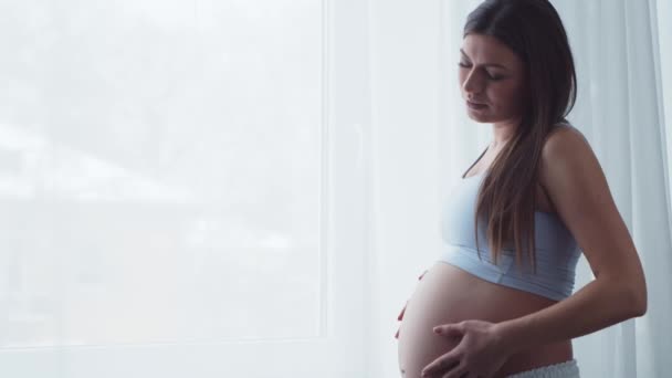 年轻的孕妇正在家中休息，等待着孩子的出生。怀孕、生育、健康和生活方式的概念. — 图库视频影像