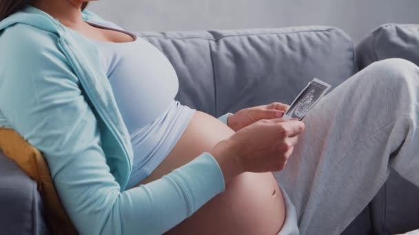 Une jeune femme enceinte se repose à la maison et attend un bébé. Le concept de grossesse, maternité, santé et mode de vie. — Video