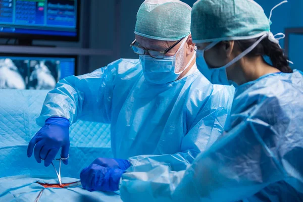 Ein multiethnisches Team professioneller Chirurgen führt den chirurgischen Eingriff in einem modernen Krankenhaus durch. Ärzte arbeiten daran, den Patienten zu retten. Medizin, Gesundheit, Kardiologie und Transplantation. — Stockfoto