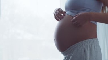 Genç hamile kadın evde dinleniyor ve bebek bekliyor. Hamilelik, annelik, sağlık ve yaşam tarzı kavramı.