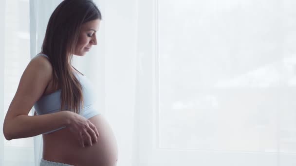 妊娠中の若い女性が家で休んで赤ちゃんを期待しています。妊娠、母親、健康、ライフスタイルの概念. — ストック動画