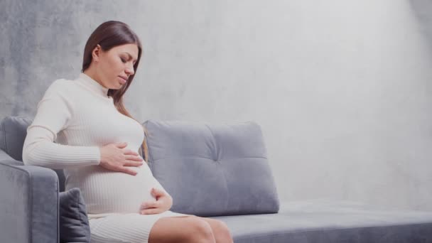 Молода вагітна жінка відпочиває вдома і очікує на дитину. Поняття вагітності, материнства, здоров'я та способу життя . — стокове відео