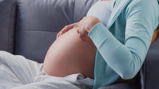 Mujer embarazada joven está descansando en casa y esperando un bebé. El concepto de embarazo, maternidad, salud y estilo de vida. — Vídeos de Stock