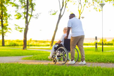 Bakıcı ve tekerlekli sandalyedeki yaşlı adam. Profesyonel hemşire ve hasta gün batımında parkta yürüyorlar. Yardım, rehabilitasyon ve sağlık hizmetleri.