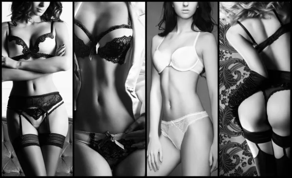 Schöne Frauen, die in Unterwäsche posieren. Schwarz-weiße Dessous-Collage. — Stockfoto