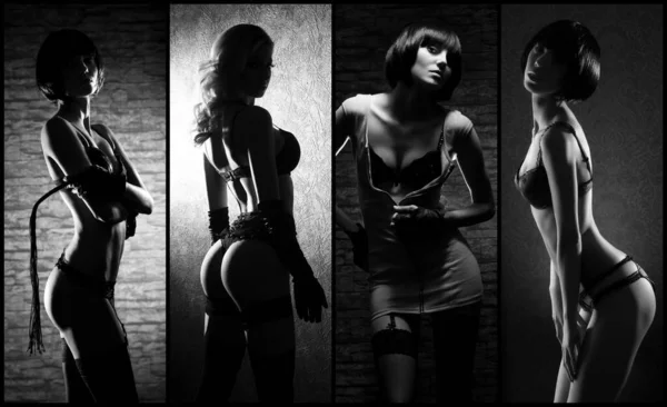 Schöne Frauen, die in Unterwäsche posieren. Schwarz-weiße Dessous-Collage. — Stockfoto