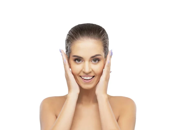 Studio portrait of a young, beautiful and healthy girl. Attractive female face isolated on white background. — Stock Photo, Image