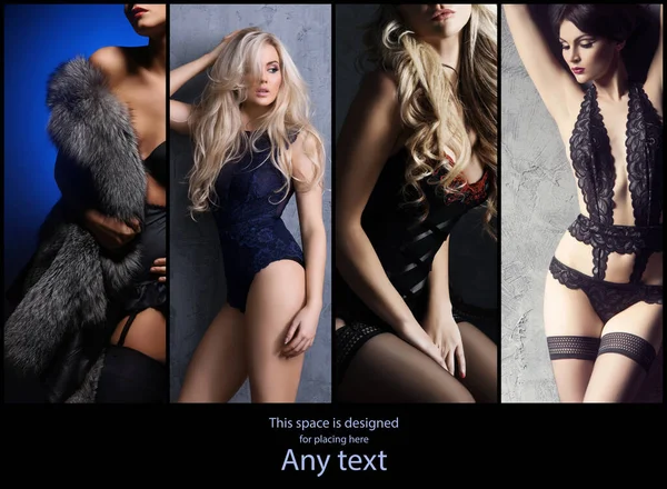 Set di foto con donne belle e sexy in lingerie. Collage collezione biancheria intima erotica. — Foto Stock