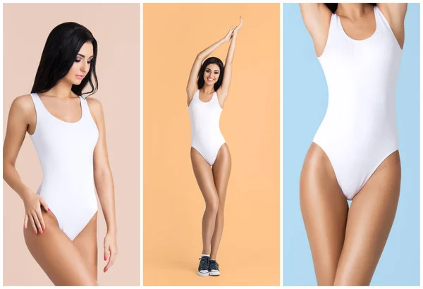 Jeune, en forme et belle femme brune en maillot de bain blanc posant en studio. Concept de fitness, régime et soins de la peau. — Photo
