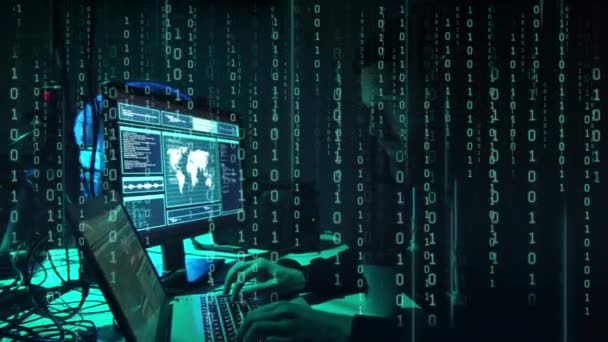 Інтернет шахрайство, даркнет, злодії даних, концепція кіберзлочинності. Хакер нападає на урядовий сервер. Небезпечні злочинці, що кодують віруси. — стокове відео