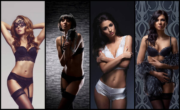 Sexy girls in erotic lingerie. Underwear collection collage.