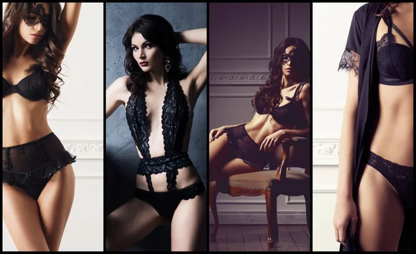 Sexy Mädchen in erotischen Dessous. Collage der Unterwäsche-Kollektion. — Stockfoto