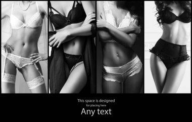 Güzel kadın çamaşırlarıyla poz. Siyah ve beyaz iç çamaşırı kolaj.
