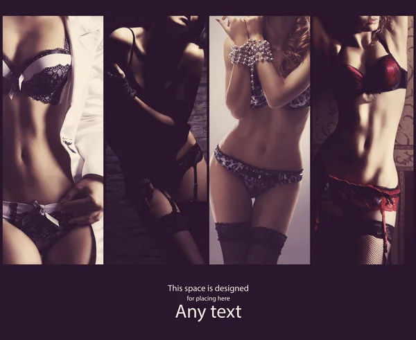 Sexy Mädchen in erotischen Dessous. Collage der Unterwäsche-Kollektion. — Stockfoto