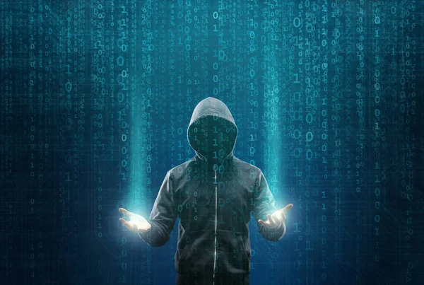 Gesuchter Hacker codiert Virus Ransomware mit abstraktem Binärcode. Cyberangriff, Systembruch und Malware-Konzept. lizenzfreie Stockbilder